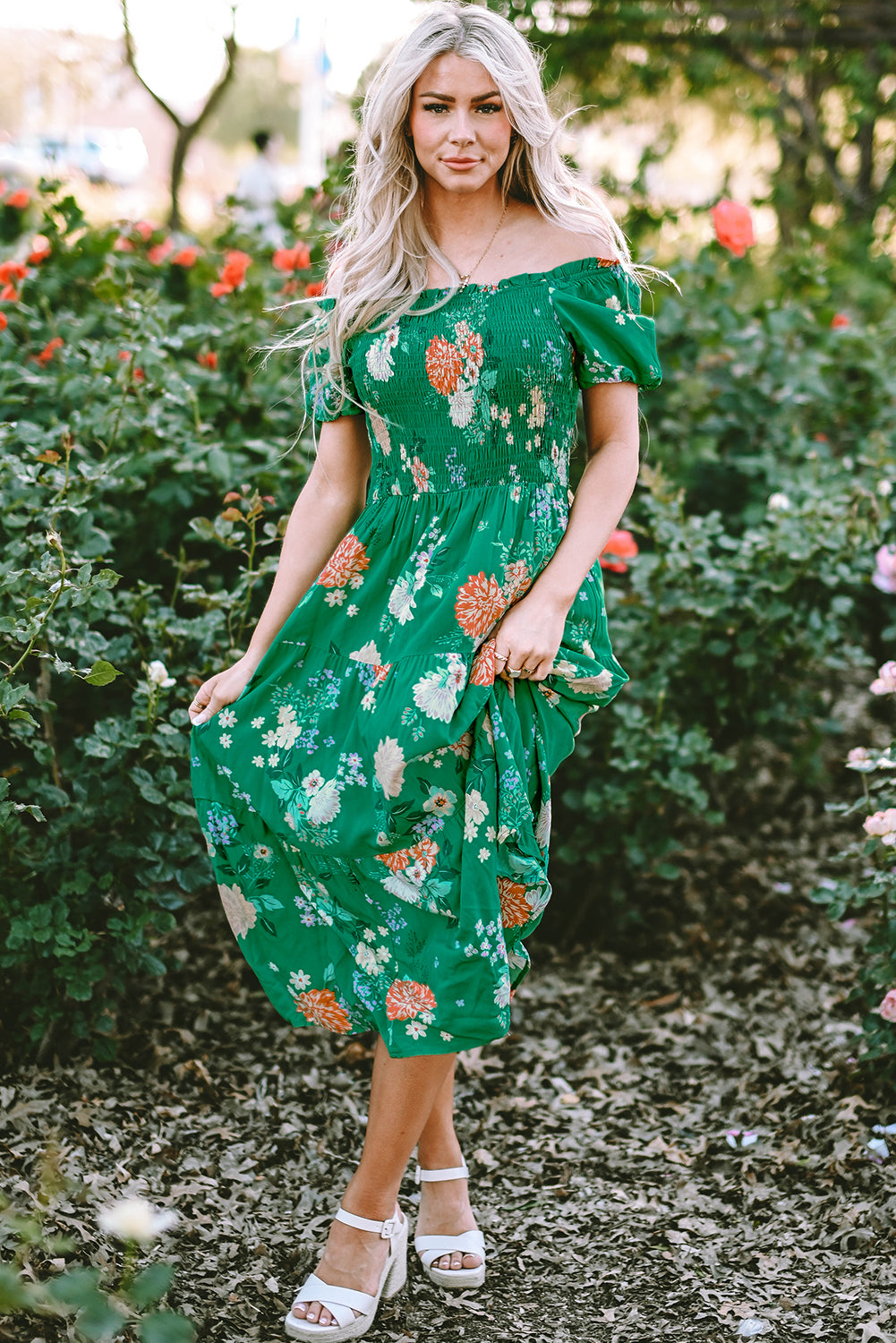 Floral Print Smocked Tiered Midi Dresses