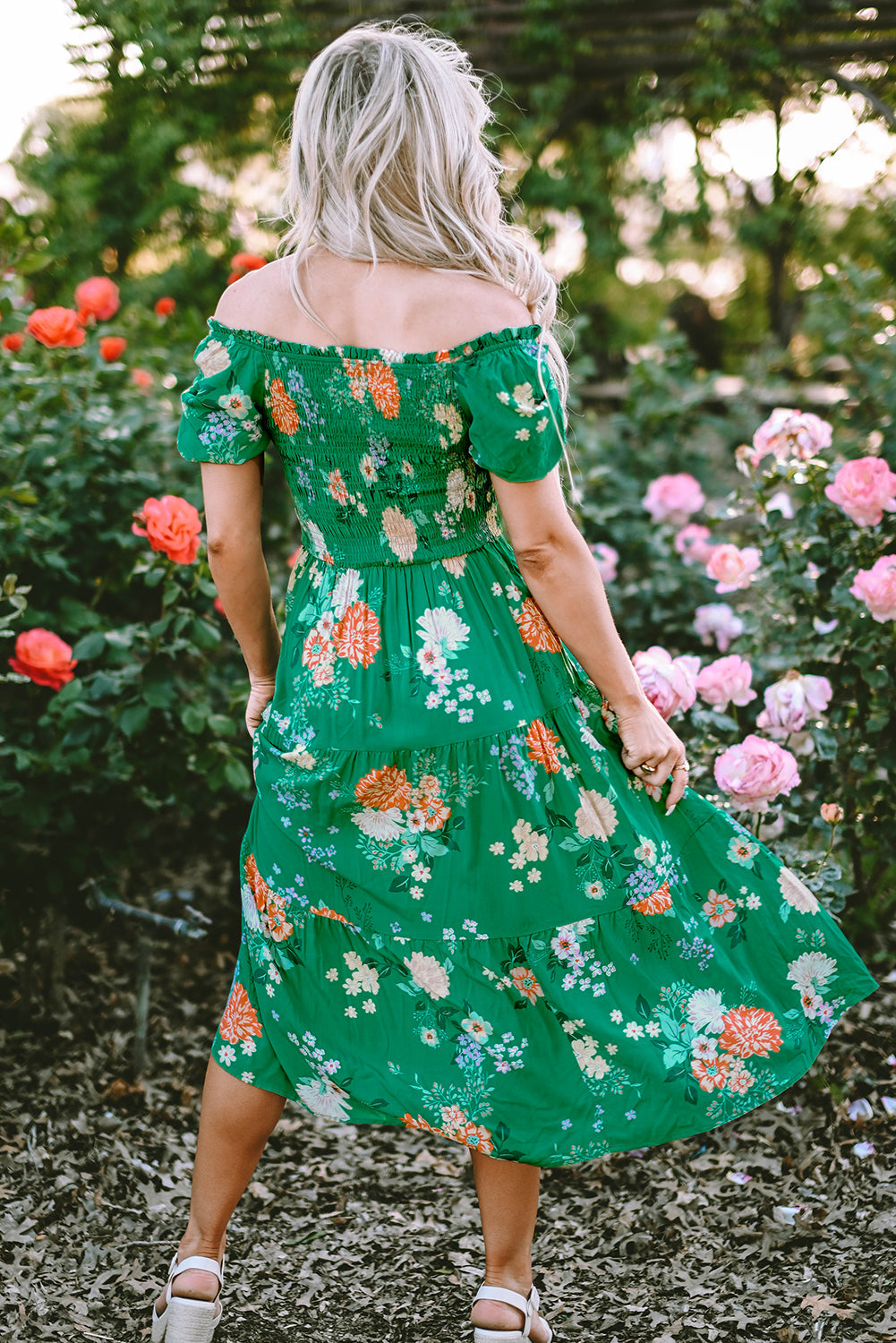 Floral Print Smocked Tiered Midi Dresses