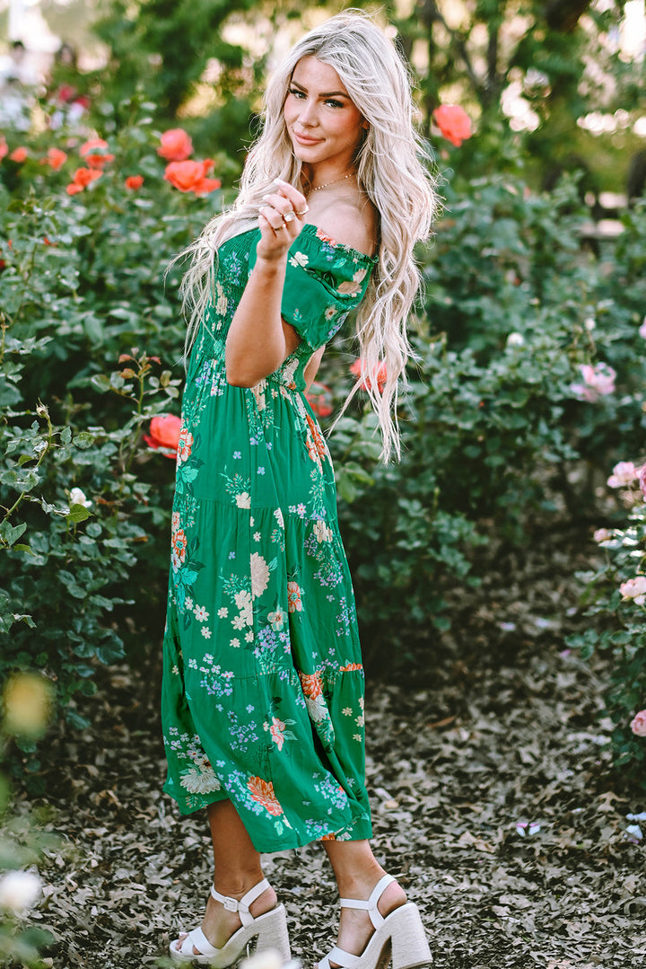Floral Print Smocked Tiered Midi Dresses