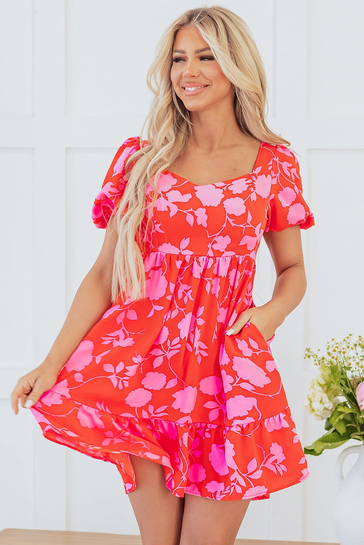 Floral Sweetheart Neck Ruffled Mini Dress
