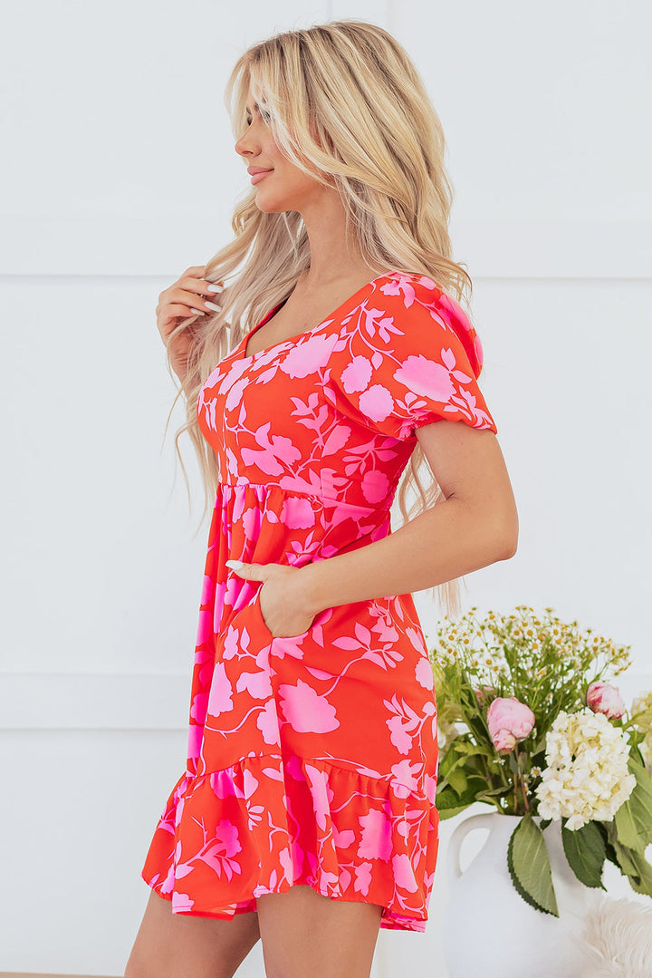 Floral Sweetheart Neck Ruffled Mini Dress