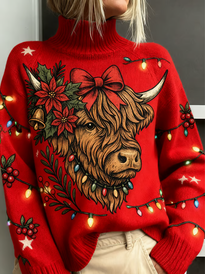 Evangeline™ | Comfy Bull-Print Knit Sweater 0