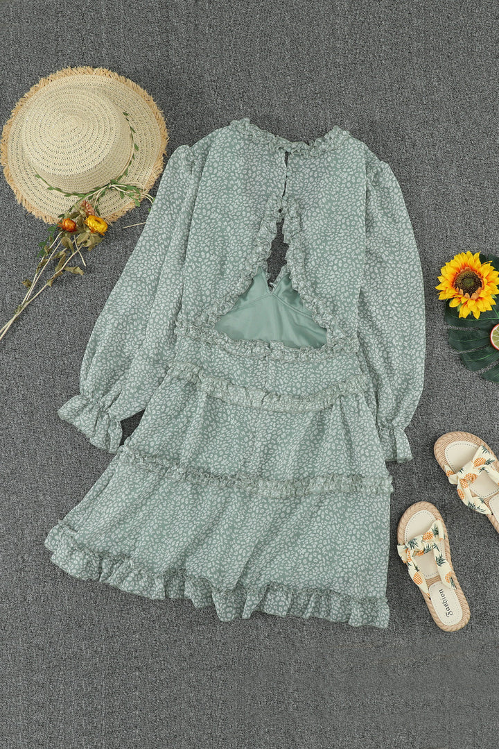 Green Ruffle Detailing V-neck Open Back Floral Dress