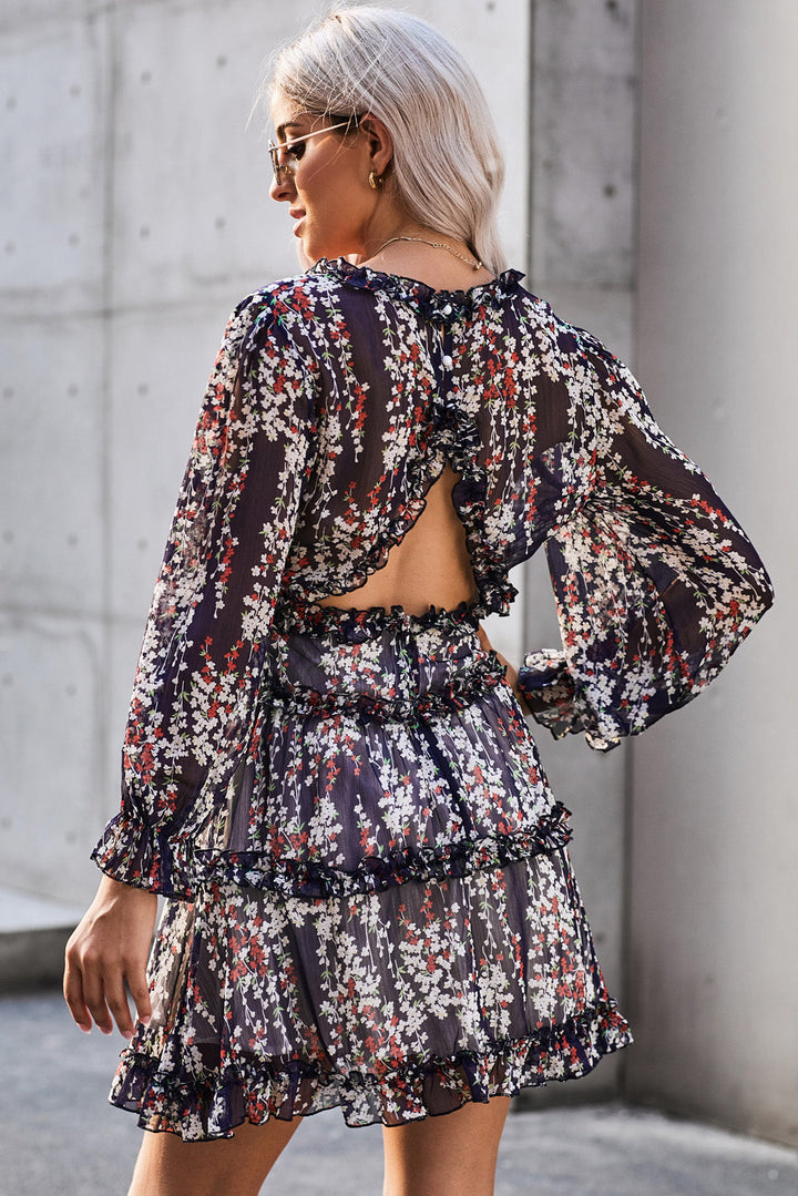 Navy Blue Ruffle Detailing Long Sleeve Open Back Floral Dress