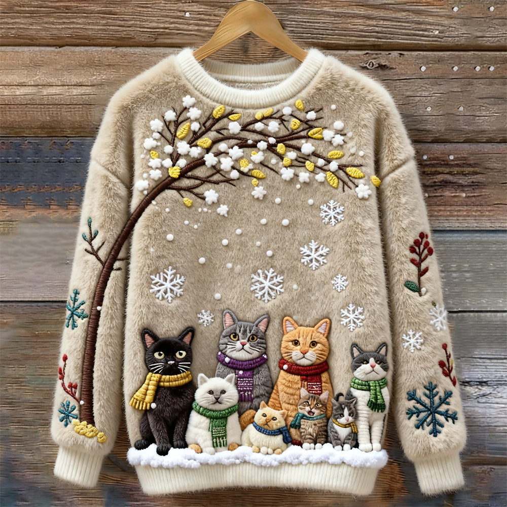 Tessa™ | Christmas Cats Embroidery Women's Cozy Plush Sweater 0