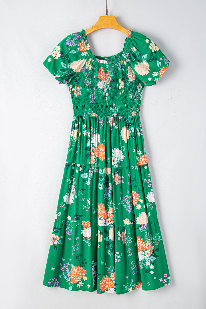 Floral Print Smocked Tiered Midi Dresses