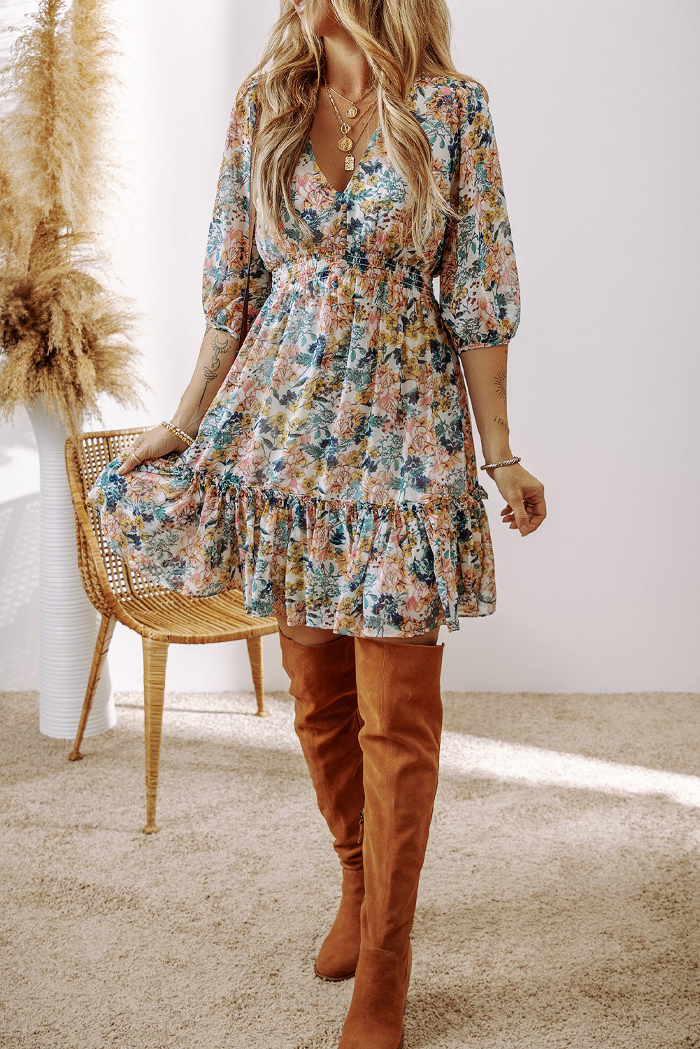 Floral 3/4 Sleeve V Neck Ruffled Dress
